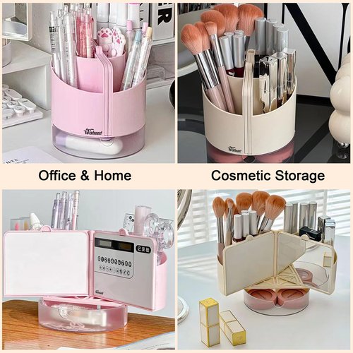 Pencil Pen Holder for Desk with Calculator, Mirror, 7 Slots 180° Opening, Desk Organizers and Accessories, Desktop Storage Stationery Supplies for Office, School, Home, Art Supply, Gifts(Pink)