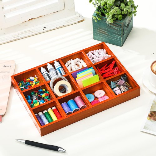 Wonderjune 2 Pack Wooden Drawer Organizer with 12 Compartments 12 Grid Sorting Tray Divided Tray Display Finished Section Box for Arts and Crafts Supplies Stationery Small Items 12.9 x 9.1 x 1.55 Inch