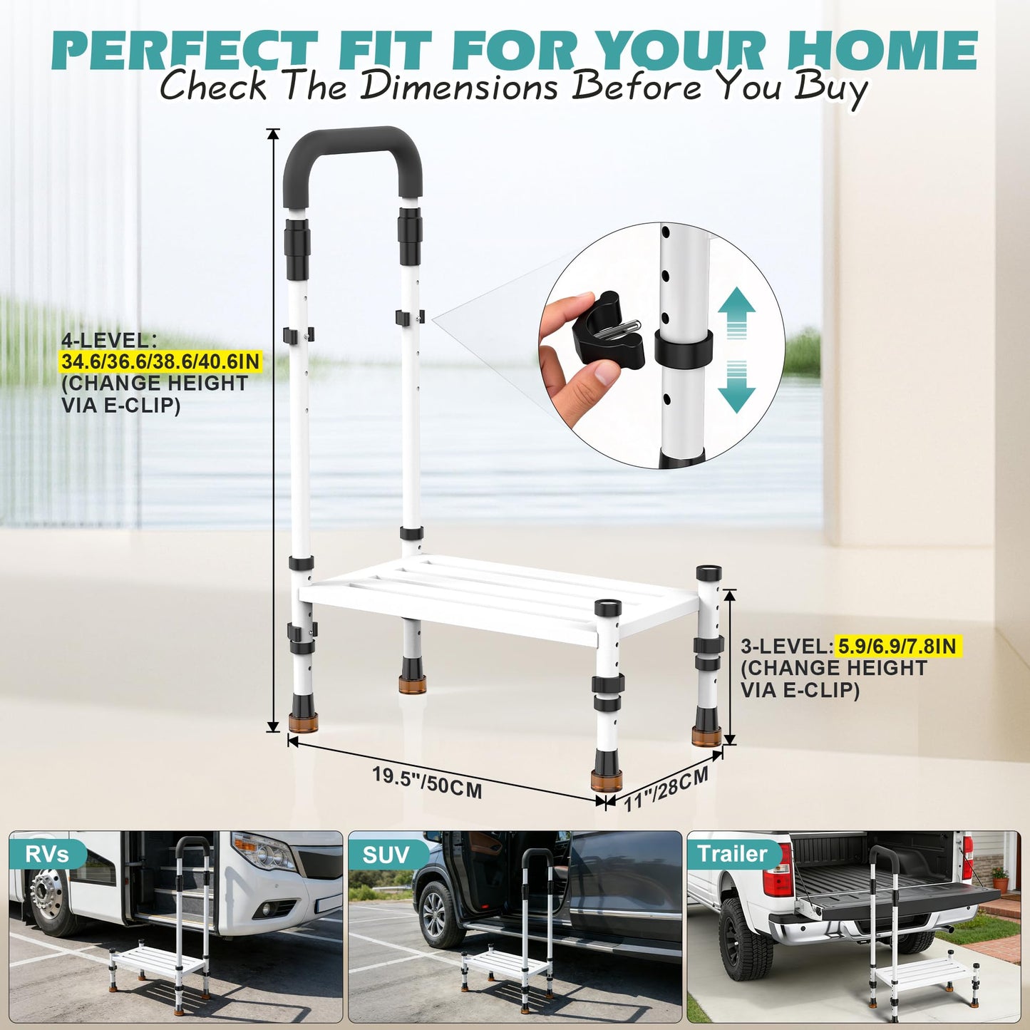 Adjustable Height Car Step Stool with Handrail for RV, SUV & Truck - 4 Legs & Handrail Height Adjustable, Heavy Duty 800 lbs Capacity, Non-Slip Safety Step Assist for Elderly, Seniors & Mobility Aid
