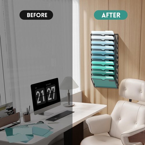 SUPEASY 10-Tier Wall File Organizer, Hanging Wall Files for Papers, Folders, Magazines, Wall Organizer for Clipboard, Assembly Needed, Black