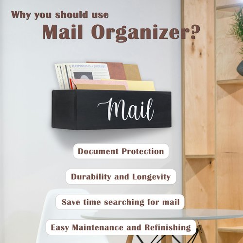 Mail Organizer for Desk or Wall Mount, 2 Compartments Ash Wood Mail Holder Countertop, Mail Basket for Desktop, Kitchen, Home, Wall | Wood Desk Mail Organizer, Black Envelope Holder for Home Office