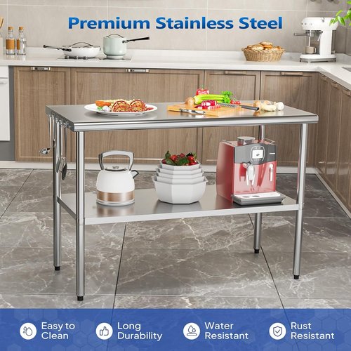 ROVSUN Stainless Steel Prep Table - 48'' x 24'' Heavy Duty Workstation with Adjustable Under-Shelf | Ideal for Kitchen, Restaurant, and Outdoor Use