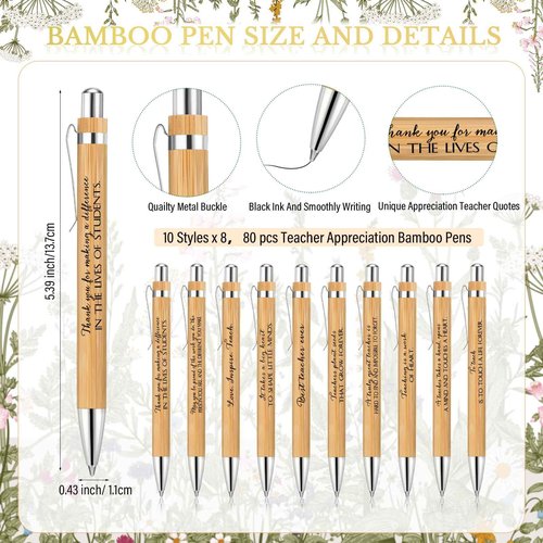 Spakon 80 Set Teacher Appreciation Gifts Include 80 Bamboo Pens and 80 Cards with Gold Cable Tie for Teachers' Day Teacher Appreciation Week Gift Staff Team Office School Supplies