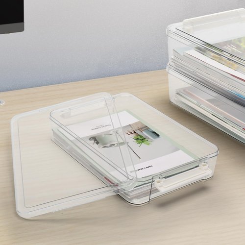 Flat Plastic Storage Bins with Latching Lids Document Organizer Portable Project Case Stackable Storage Boxes for A4 Letter Size Paper Office Supplies 2 Pack