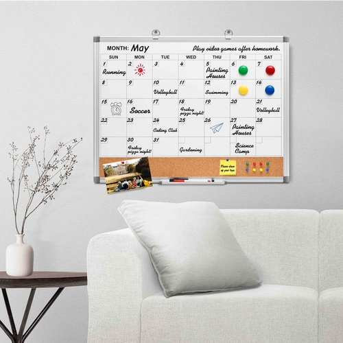 Comix Dry Erase Calendar Whiteboard Corkboard Combo, 24 * 18 inch Monthly Calendar and Bulletin Board Combination for Wall, Aluminum Frame Planner with Dry Erase Markers, Magnets, Push Pins