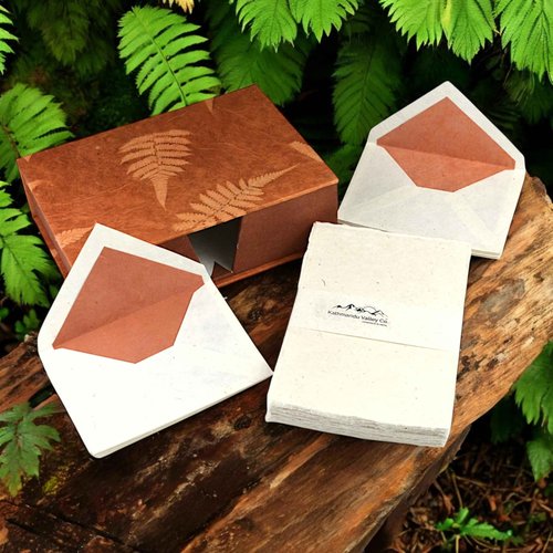 Kathmandu Valley Co. Vintage Stationery Gift Box Set with 50 Handmade A5 Deckle-edge Lokta Paper Sheets and 30 Envelopes (Rustic Fern)