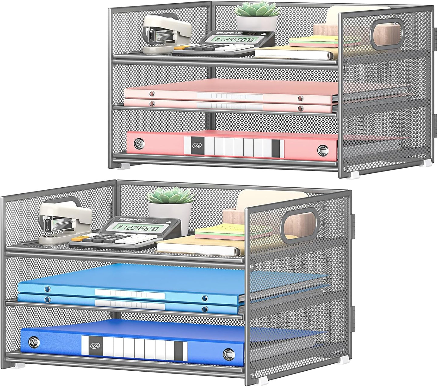Subekyu 3-Tier Gray Metal Mesh Desk Organizer - 2-Pack File Sorter with Handle & Sliding Tray for A4 Paper