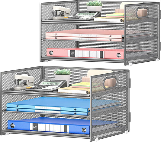 Subekyu 3-Tier Gray Metal Mesh Desk Organizer - 2-Pack File Sorter with Handle & Sliding Tray for A4 Paper