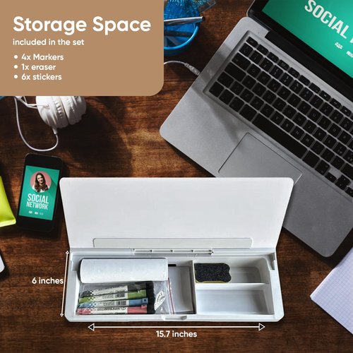 Piu home Desktop whiteboard - Glass Desk Dry Erase board with storage- Desk buddy memo board for computer monitor- EXTRA STICKERS Weekly Organizer and Ruler- work from home and office