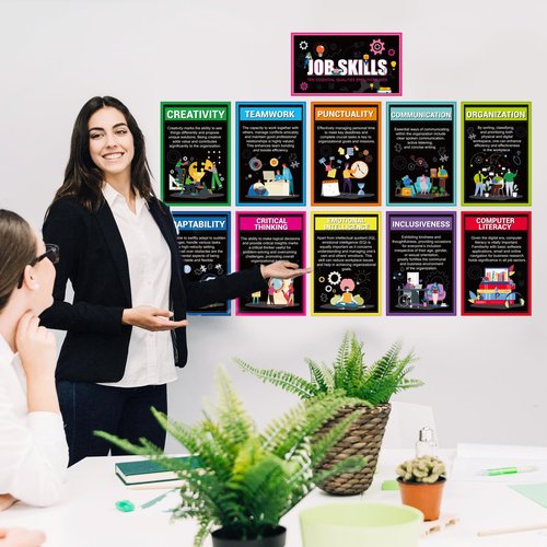 WATINC Job Skills Educational Poster - 11PCS High School College Classroom Poster Decor, Bulletin Board Workplace Essential Qualities Learning Decoration Supplies for Business Seek Career (Black)
