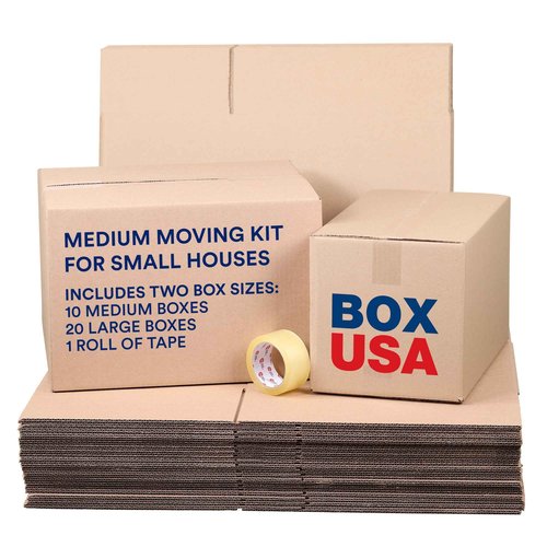 BOX USA Small House Moving Boxes Kit - 30 Cardboard Boxes (2 Sizes) & 1 Packing Tape Roll | Medium & Large Packing Boxes for Moving, Packaging, Storage & Shipping