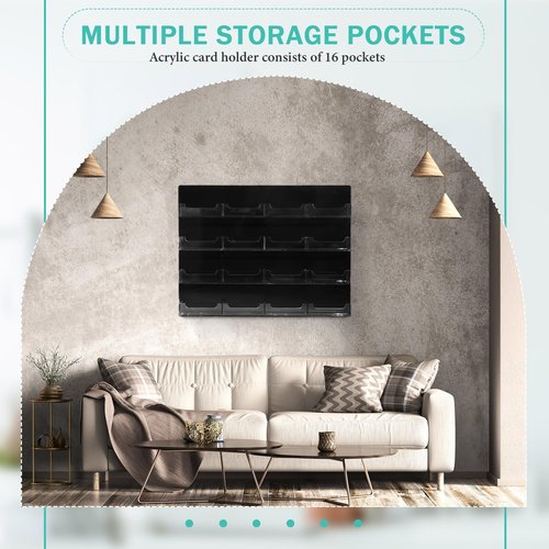 2 Pcs Acrylic Business Card Holder with Hanging Hardware Black transparent Acrylic 16 Pocket Business Vertical Organizer Wall Mount Sticker Display Rack Pre Drilled Organizing Stand for Office Home