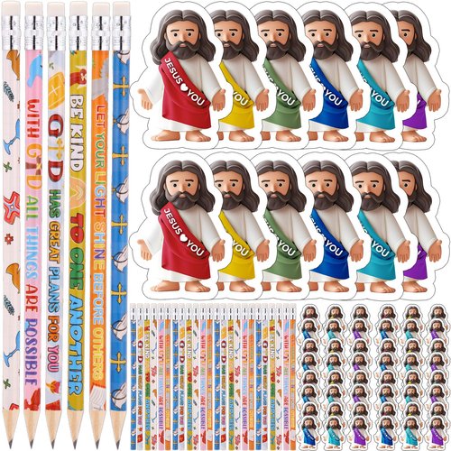 Yexiya 96 Pack Christian Bible Stationery and School Supplies Set Christian Church Gifts Bible Verses Pencils Religious Jesus Erases for Church Sunday School Gift Classroom Reward