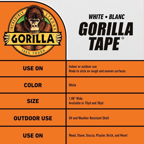 Gorilla Tape, White Duct Tape, 1.88" x 10 yd, White, (Pack of 6)