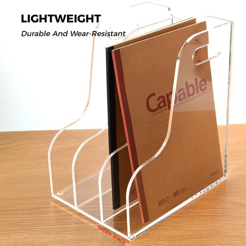 AIMOLLY 3 Vertical Compartments File Holder, Clear Acrylic Desk Organizer and Storage Bins Holding for Magazines, Binders, Notebooks, Envelopes, Multi-purpose Document Organizer for Home Office