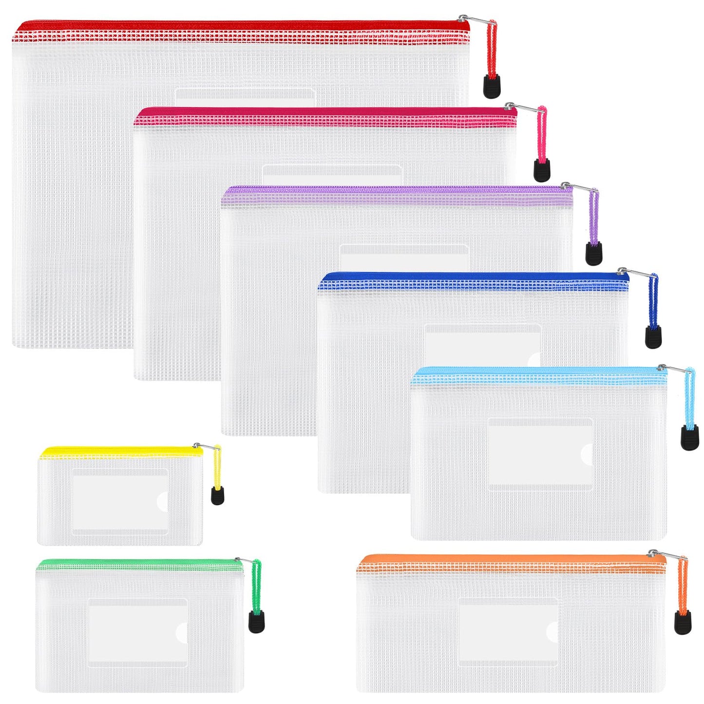 EOOUT 30pcs Mesh Zipper Pouch Bags, Waterproof, Plastic Zip File Document Folders, 8 Sizes Zipper Pouch for School Office Supplies Cosmetics and Board Game Storage