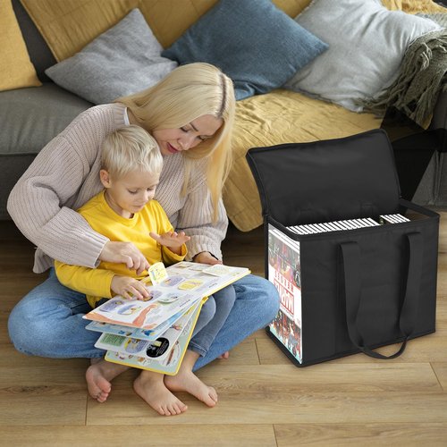 Comic Book Storage Tote, 600D Collapsible Comic Book Case for 160-180 Comics, Comic Book Box Holder with Carrying Handles & Clear Window, Comic Book Bin Container Holder, 15.35''X7.5''X12.2'' (Black)