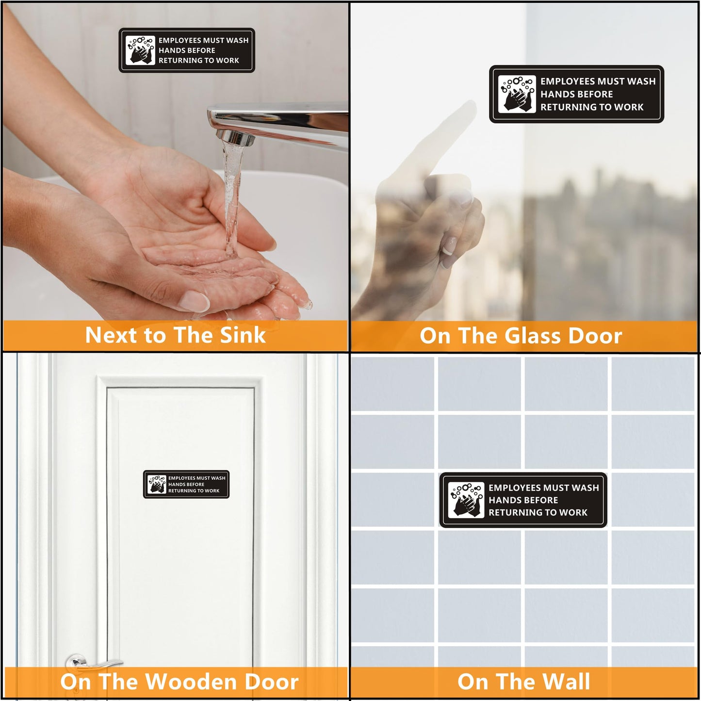 (4 Pack) Employees Must Wash Hands Sign, Self-Adhesive Metal Signage for Bathroom Office, Waterproof Aluminum Signs for Indoor Outdoor (9x3, Black)