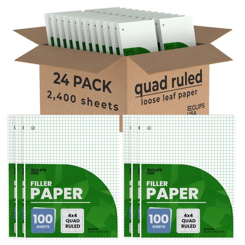Graph Paper, Loose Leaf (24 Pack) - 4 x 4 An Inch Quad Ruled, 10.5" x 8" Graphing Sheets, 100 Per Pack, 60 GSM
