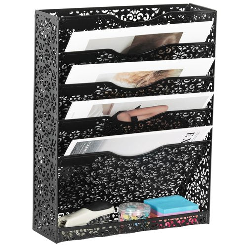 EasyPAG Desk File Organizer Heavy Duty Metal Wall Mount File Holder 5 Tier Mail Paper Folder Holder with Bottom Tray for Office Home Cubicle Countertop, Black