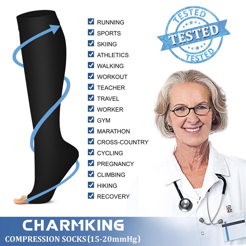 CHARMKING 3 Pairs Open Toe Compression Socks for Women & Men Circulation 15-20 mmHg is Best for All Day Wear Running Nurse (02 Black/White/Beige, S/M)