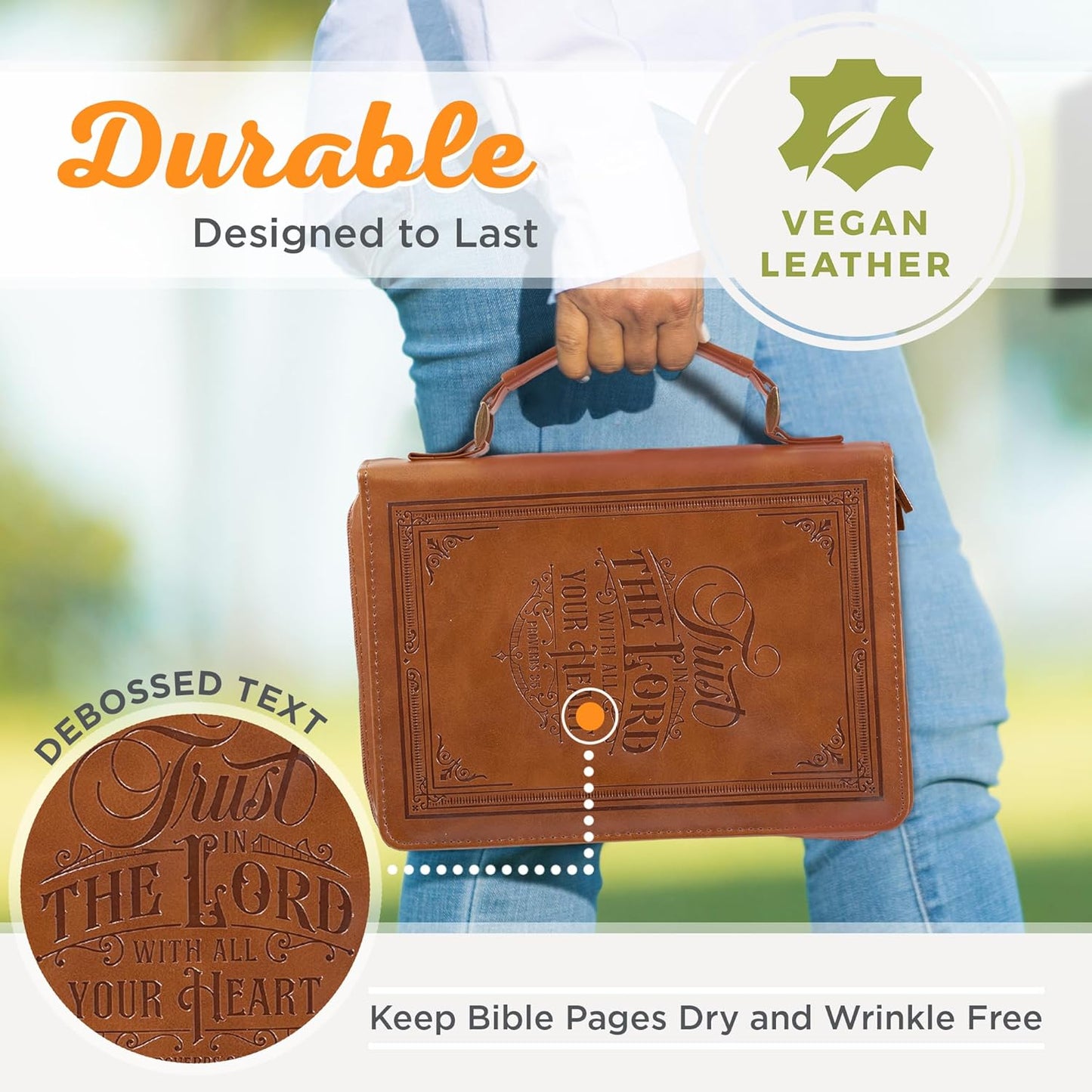 Christian Art Gifts Vegan Leather Bible Cover - Inspirational Trust in the Lord Verse, Medium Brown, Easy Carry Design