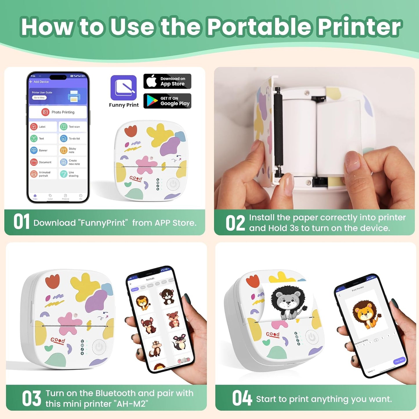 Skiennix Mini Sticker Printer Bundle - Portable Inkless Bluetooth Thermal Printer with BPA-Free Sticker Paper Rolls for DIY, Home & Office Use