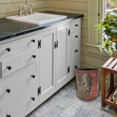 BestGiftEver Faux Tooled Leather Trash Bin with Bison Bust Accent - Southwest Decorative Resin Wastebasket - Ideal for Ranch Farmhouse Enthusiasts