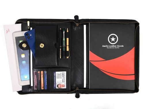 Zippered Genuine Leather Business Portfolio | Easy to Carry Organizer with Writing Pad Holder, Business Card and Pen Slots. IPAD/Tablet Holder and Flip-Closure Phone Pocket