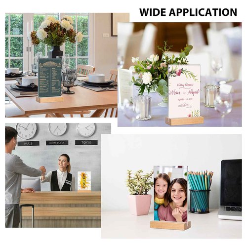 Maitys 10 Pack Acrylic Sign Holder 4 x 6.5 Inch Clear Double Sided Table Sign with Wooden Base T Shape Menu Display Stand for Wedding Restaurant Office Hotel Front Desk Store Tabletop
