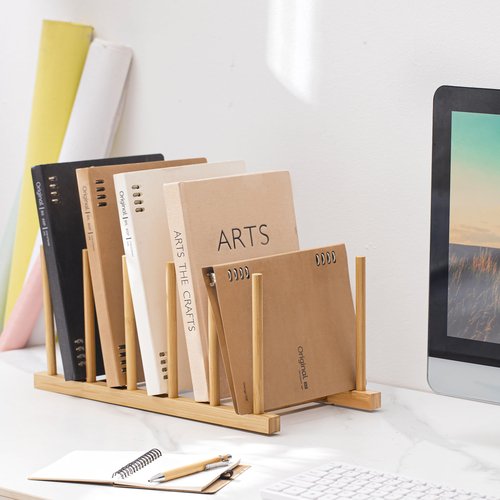 HBlife Desk File Organizer 5 Section Upright File Sorter, 2 Pack Bamboo File Holder for Home, Office & School