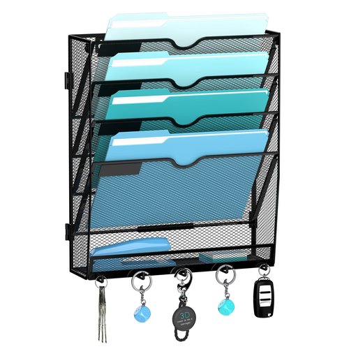 JMHUD Wall File Organizer with 5 Hooks 5 Tier Hanging File Organizer, Vertical Wall Mount Mail Organizer for Papers, Folders, Magazines, Bills, Office&School Organization, Black