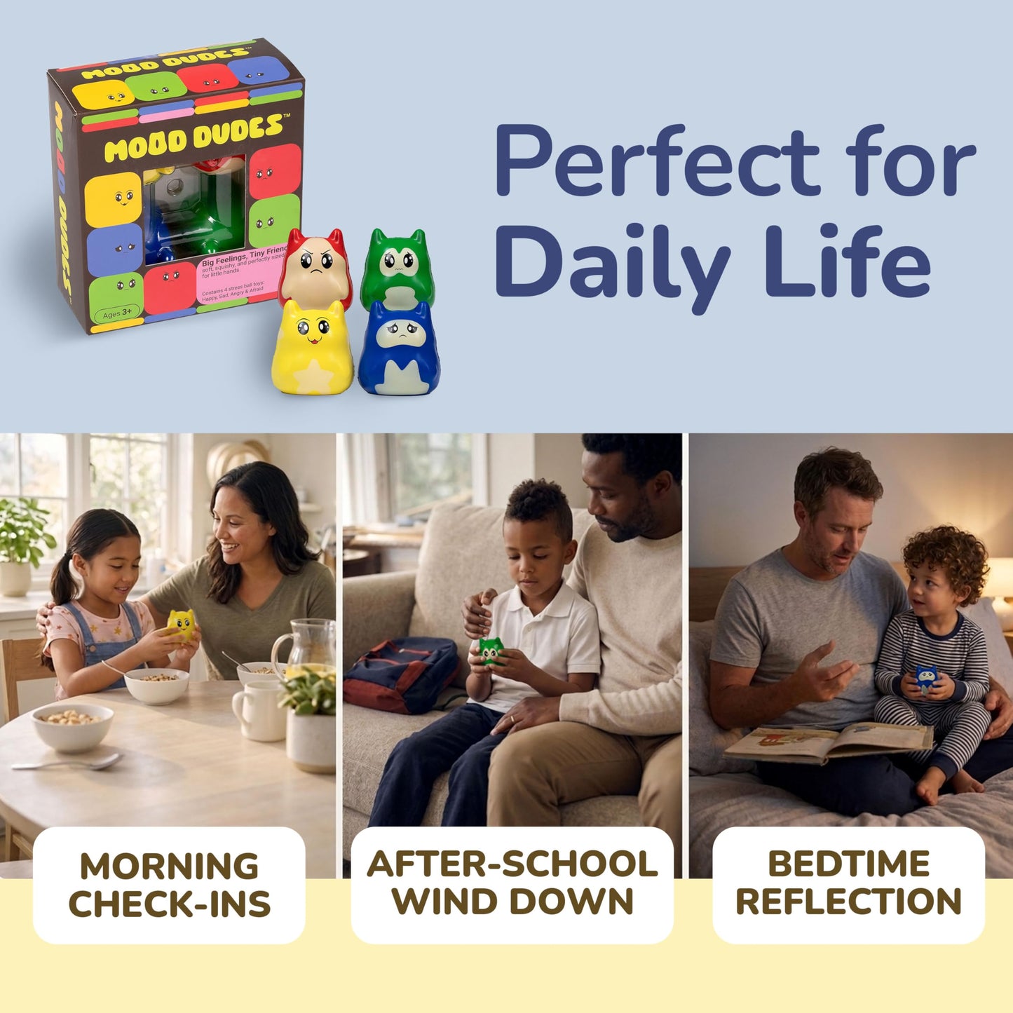 Mood Dudes - Emotions & Feelings Play Therapy Toys for Kids Age 3+ – Calming Corner Items & Calm Down Corner Supplies, Emotional Regulation Tools for Kids (Happy, Sad, Angry, Afraid)