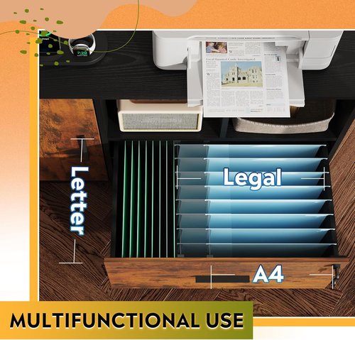 DEVAISE File Cabinet - Rolling 1 Drawer with Charging Station & Locking Feature | Rustic Brown