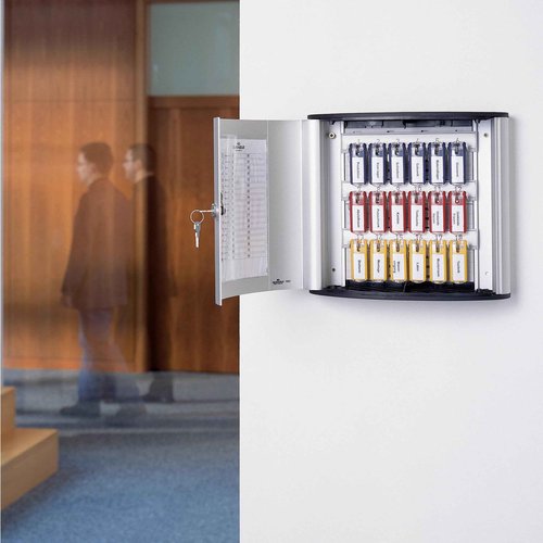 Durable Key Safe Box 54 - Wall Mounted Lockable Key Holder Cabinet Holds 54 Key Clip Keys with Secure Key Lock - Aluminum Silver Key Safe Including 6 Key Clip Tags