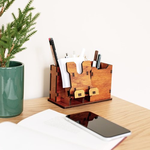 Wooden Pen Pencil Holder with Cell Phone Stand for desktop, office desk organizer, Desk Decoration, Phone Dock Office Supplies, Pen Container, Home Decorative (Simple)