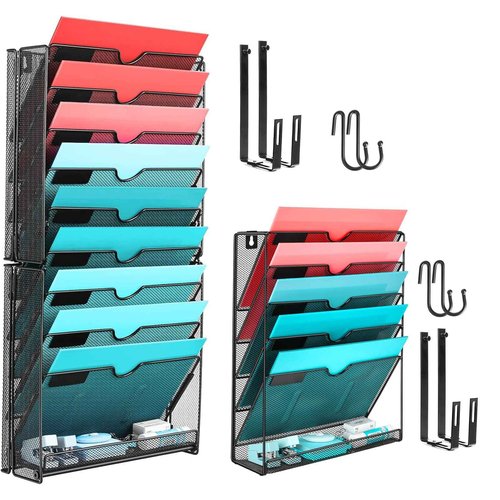 GALASALA Wall File Organizer, 10 Pockets and 6 Pockets Mesh Hanging File Organizer, Wall Mount File Holder With Hooks, Wall Organizer Magazine Rack for Office Supplies