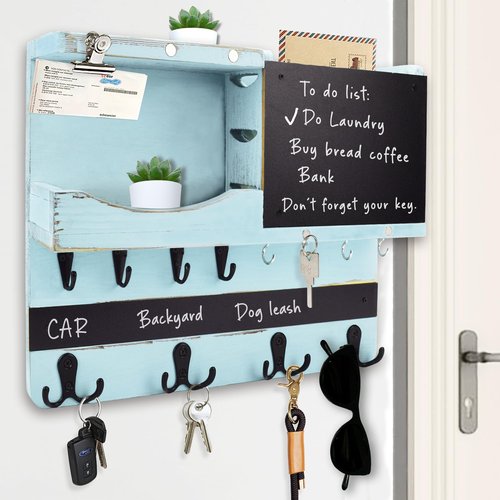 HEKOOLA Key Holder for Wall Mount, Farmhouse Mail and Key Holder for Wall Hanger with ‌Various‌ Hooks, Home Decor Rack with Chalkboard and Shelf(Pine Wood,Blue)