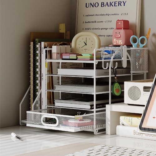 HUHOLE 5 Tier Desk Organizer with File Holder, White Mesh Paper Letter Tray Organizer with File Clip, USB Clip, Wire Desk Accessories & Workspace Organizers for Office Supplies or School Supplies