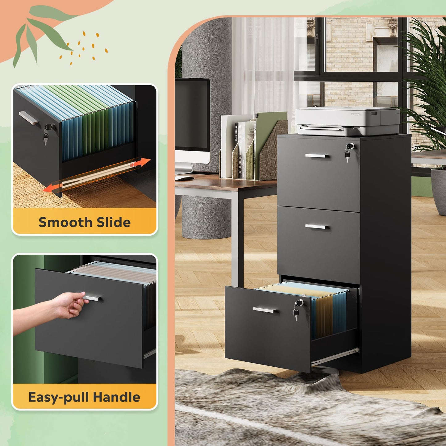 DEVAISE Wood File Cabinet, 2 Drawer Filing Cabinet for Home Office, Vertical File Cabinets with Wheels fits A4/Letter/Legal Size File, White