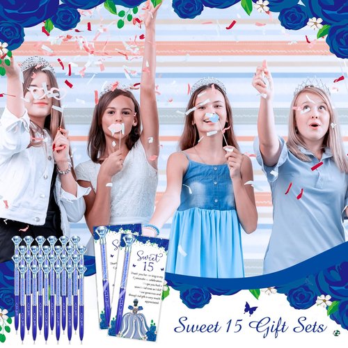 Sayglossy 50 Sets Quinceanera Party Favors Sweet 15th Thank You Gifts Big Crystal Diamond Pens with Thank You Cards Retractable Ballpoint Bling Pens 15 Birthday Mis Quince Gifts for Guests(Navy Blue)