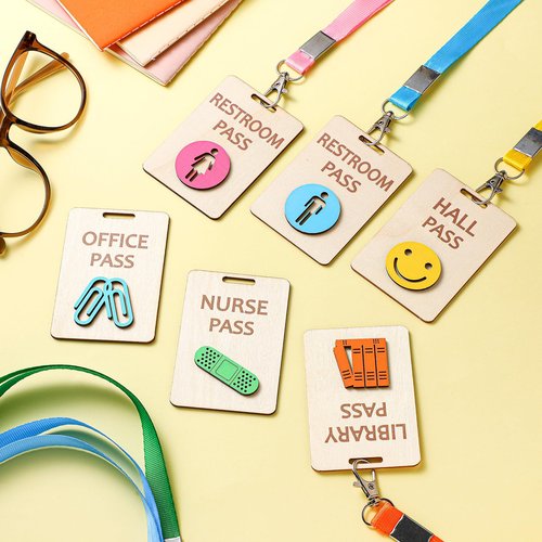 Chiisong 6 Sets Hall Pass Lanyards and School Passes Set Unbreakable Wooden Bathroom Passes for Classrooms Hall, Restroom, Library, Office and Nurse School Teacher Supplies Gift