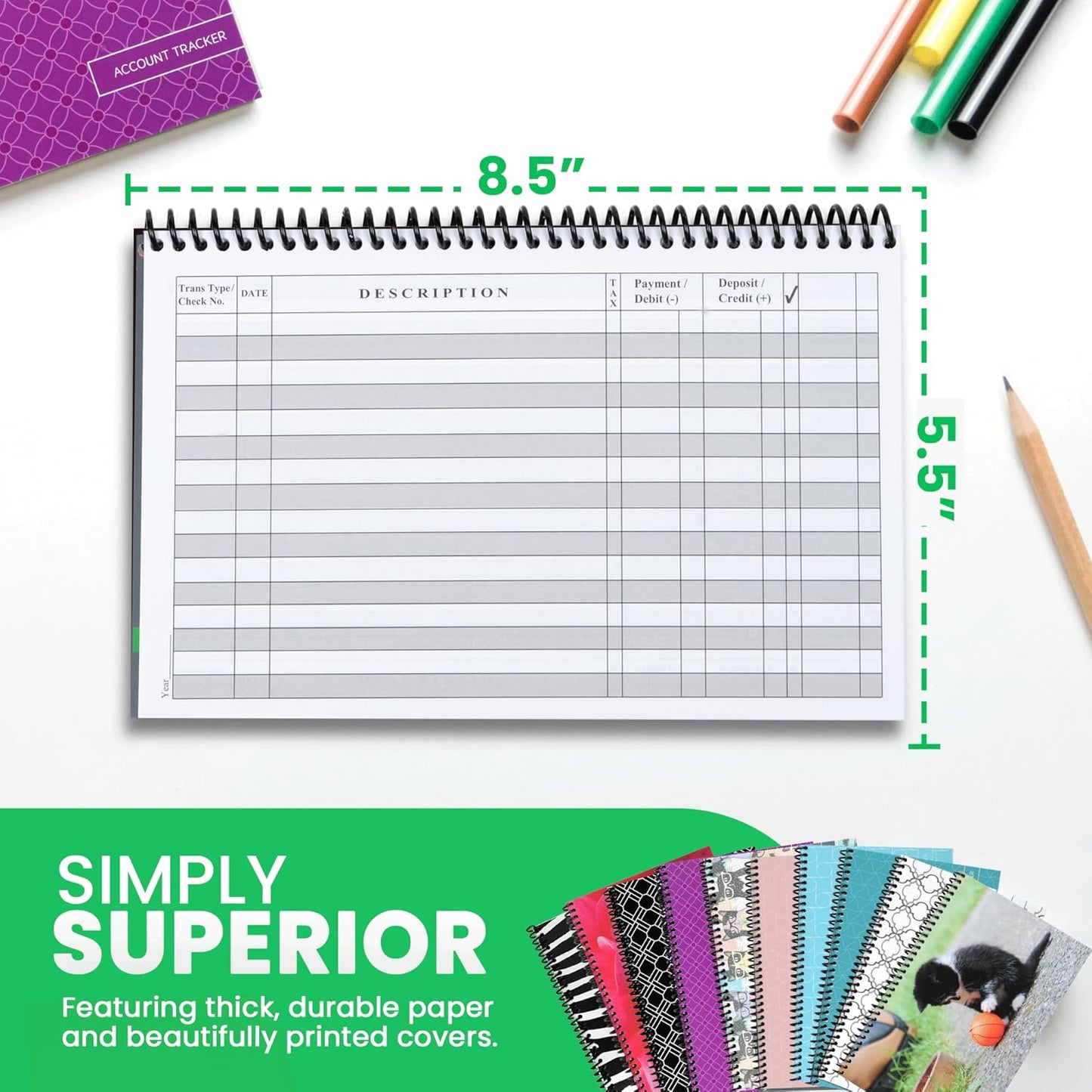 Superior Register - Simple Account Tracker & Financial Ledger - Wide Purple Checkbook Register