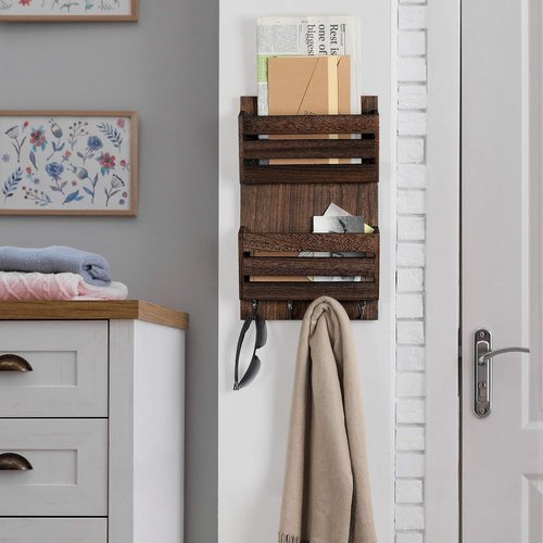 Mail Holder for Wall, Wooden Mail Sorter with 4 Key Hooks, 2 Slot Wall Mounted Mail Sorter Letter Bills Newspaper Magazine Organizer for Entryroom Hallway Office Garage, Rustic Brown
