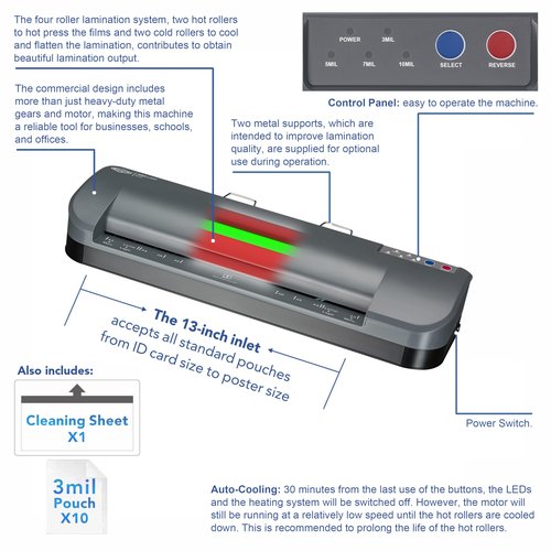 SINCHI 13-Inch Thermal Laminator & Foil Applicator, 3–10 Mil, 4-Roller, 55s Warm-Up, 40 in/Min, Auto Shutoff, Commercial-Grade Laminating Machine with 10 Pouches for Office, School, Crafts & DIY