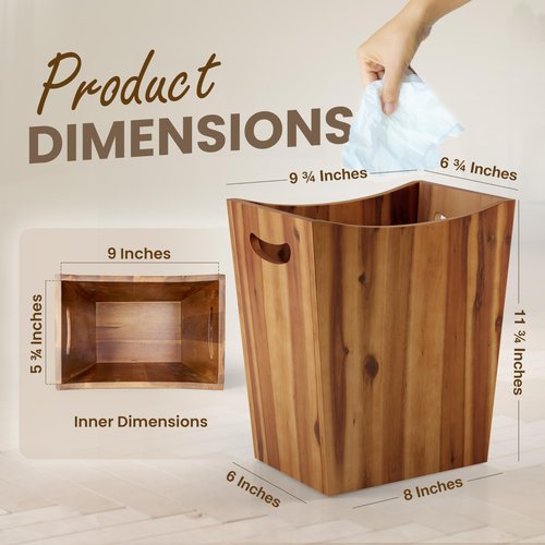 Tidita 2 Gallon Acacia Wooden Bin, Wastebasket – Small Trash Can, Decorative Bathroom Trash Can, Waste Basket for Bedroom, Office Garbage Can, Wood Bathroom Accessories, Boho Bedroom Decor