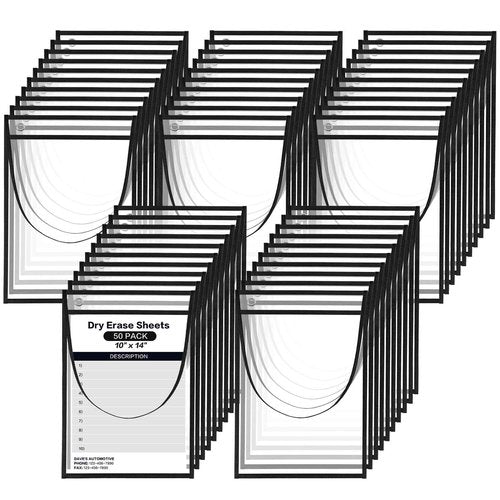 YUQILIN 50 Pack Job Ticket Holders, Black 14 x 10 Inch Reusable Dry Erase Pocket with Strap Work Order Plastic Sleeves Shop Ticket Dry Erase Sheet Protectors for Teacher Classroom Office