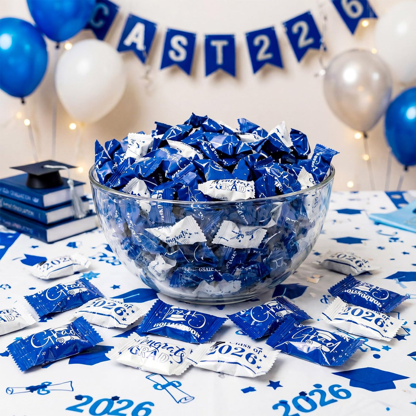 Naucoos Congrats Graduation Candies Class of 2026-26.5 oz Bag 150 Pcs Individually Wrapped Congratulations Goody Treat Sweets Grad Mint Candy for Adults Graduations Party Favors(Blue and White)