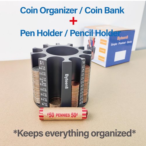 Byteen8 Coin Counter Change Sorter｜Pen & Pencil Holder as Desk Organizer｜Piggy Bank for Adults & Kids｜Coin Bank & Wrappers store 500pcs｜Creative Gifts for Kids & Family｜Easy to use