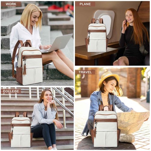 Leather Laptop Backpack for Women, 15.6" Causal Daypack Backpacks Purse Computer Backpack with Laptop Compartment for Travel Work College Business, Beige Brown